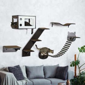 PawHut Cat Shelves With Ergonomically Curved Platform, Cozy Cat House, Bridge, Easy Stairs, And Flat Perch, Wall-Mounted Cat Tree Climbing Playground,