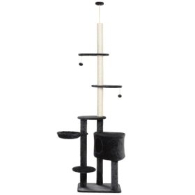 PawHut Adjustable Height Floor-To-Ceiling Vertical Cat Tree With Carpet Platforms, Condo  Rope Scratching Areas, Dark Grey