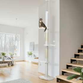 PawHut Floor To Ceiling Cat Tree With Scratching Posts, 88.5-100.5 Adjustable Height, Cat Climbing Tower With Cloud Shape Platforms, Toy Balls, Anti-t