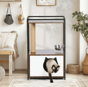 Cat Tree With Feeding Station Cat Condo With Scratching Posts, Small Cat Tree For Indoor Cats With Food Station, Furniture Style Cat House, Indoor Mul