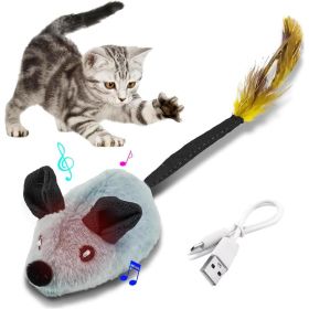Interactive Cat Toys Mouse With LED Lights ForIndoor Cats USB Rechargeable Cat Mouse Toysfor Cats, Moving Automatic Chirping Squeakywith Feather Tail (Color: Grey)
