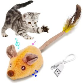 Interactive Cat Toys Mouse With LED Lights ForIndoor Cats USB Rechargeable Cat Mouse Toysfor Cats, Moving Automatic Chirping Squeakywith Feather Tail (Color: Yellow)
